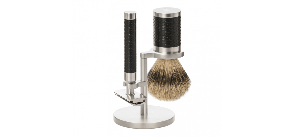 MÜHLE ROCCA Shaving Set with Safety Razor and Silvertip Badger Shaving Brush, Stainless Steel Black