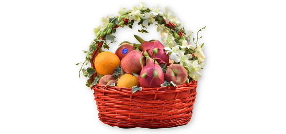 Dendrobium & Assorted Fruits Red Oval Basket