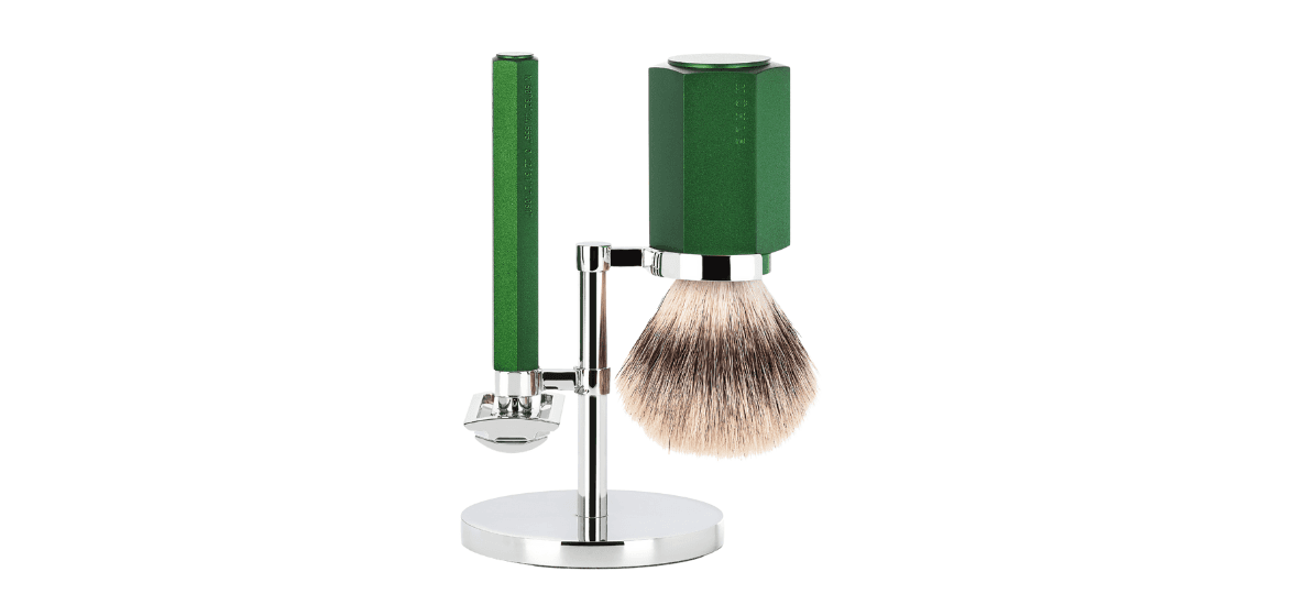 MÜHLE HEXAGON Shaving Set with Safety Razor and Silvertip Fibre Shaving Brush, Forest Green