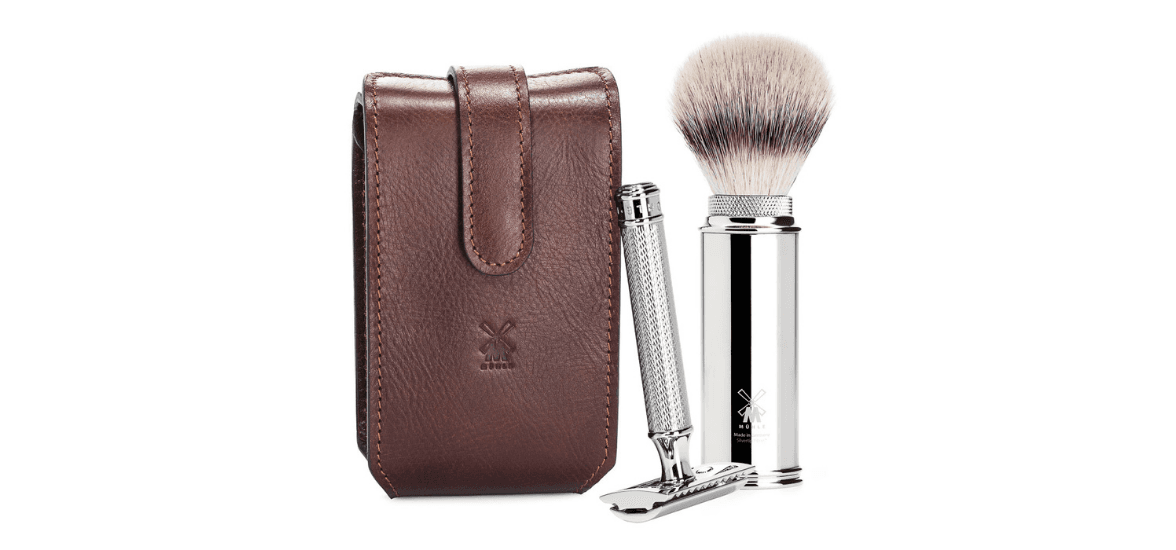 MÜHLE TRAVEL Shaving Set with Safety Razor, Silvertip Fibre Shaving Brush and Brown Leather Bag