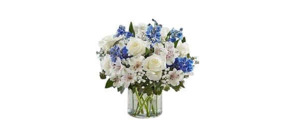 Blue and White Floral Bunch in Glass Vase