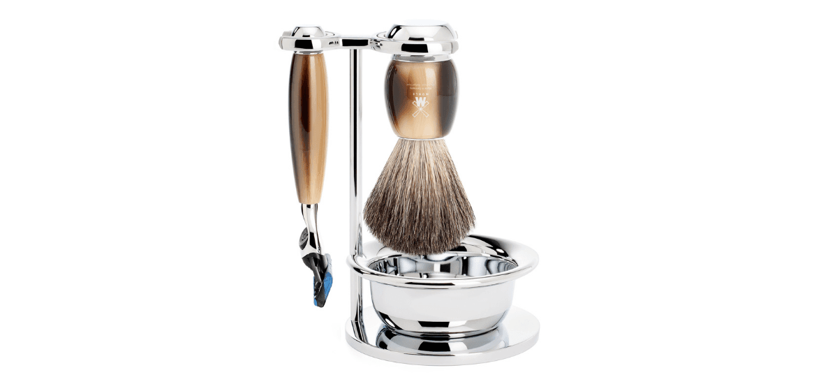 MÜHLE VIVO Shaving Set with Shaving Bowl, Gillette® Fusion™ 5- Blade Razor and Pure Badger Shaving Brush, High-Grade Resin Horn Brown