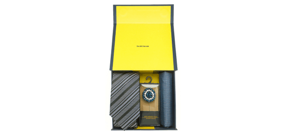 3-Piece Black/Grey Necktie, Floral Lapel Pin & Pocket Square Gift Set