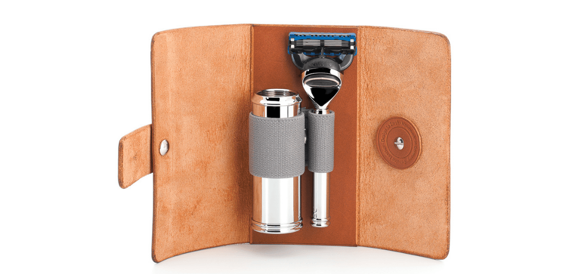 MÜHLE TRAVEL Shaving Set with Gillette® Fusion™ 5- Blade Razor, Silvertip Fibre Shaving Brush and Brown Leather Pouch