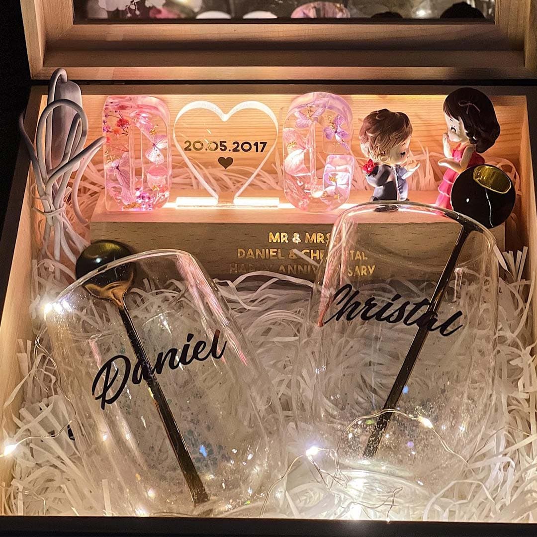 Couple Double Wall Glass Mug Box with Fairy Lights