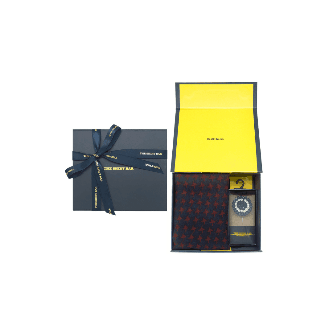 Navy & Maroon Printed Scarf and Floral Lapel Pin Gift Set