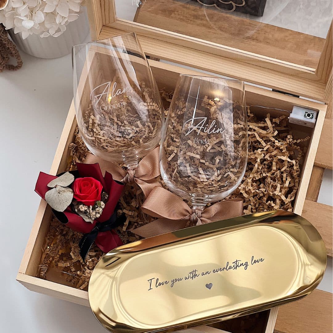 The Wedding Blessing Gift Set with Engraved 490ml Wine Glasses and Oval Gold Tray in Wooden Gift Box