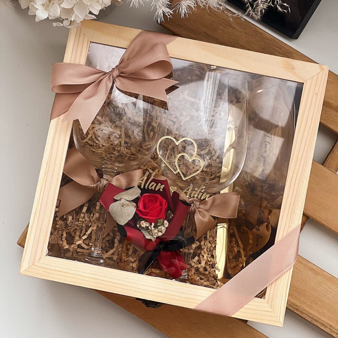 The Wedding Blessing Gift Set with Engraved 490ml Wine Glasses and Oval Gold Tray in Wooden Gift Box